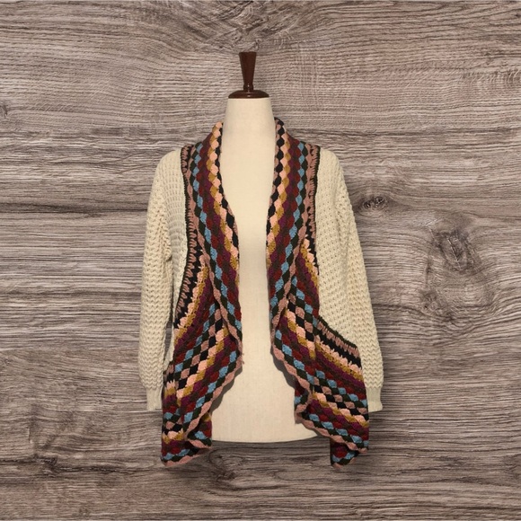 Cinthy Q Ivory Crochet Open Front Cardigan Sweater Multi-Color Trim Size  S/M - Picture 1 of 12